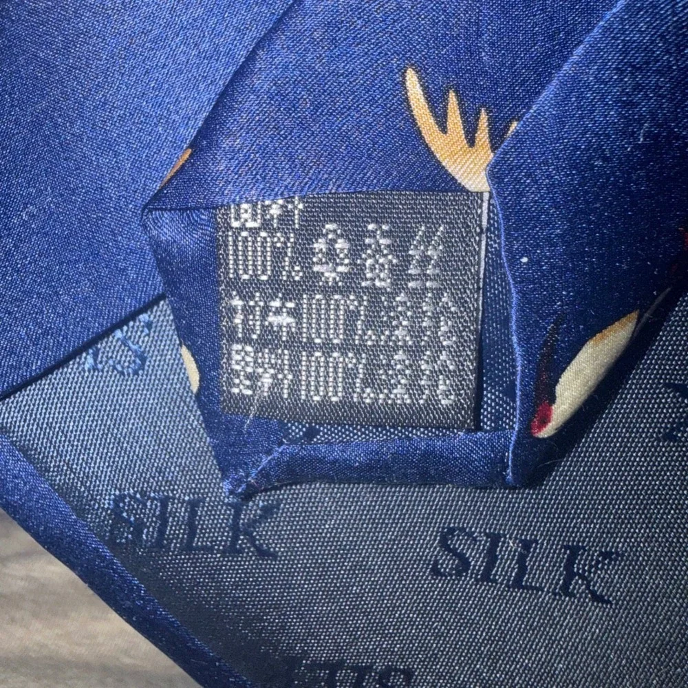 Vintage Lanbo Mens Silk Necktie Navy Blue‎ Crane Ibis Bird Pattern Tie